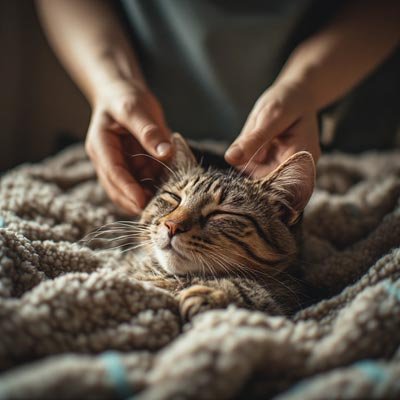 Cat relaxing on a soft blanket while gentle hands offer Reiki to its body.