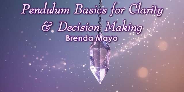 Faceted crystal pendulum hanging from a chain against a glowing purple and orange background with sparkles, with text reading ‘Pendulum Basics for Clarity & Decision Making – Brenda Mayo.