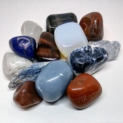 Red, white, and blue crystals are arranged together.